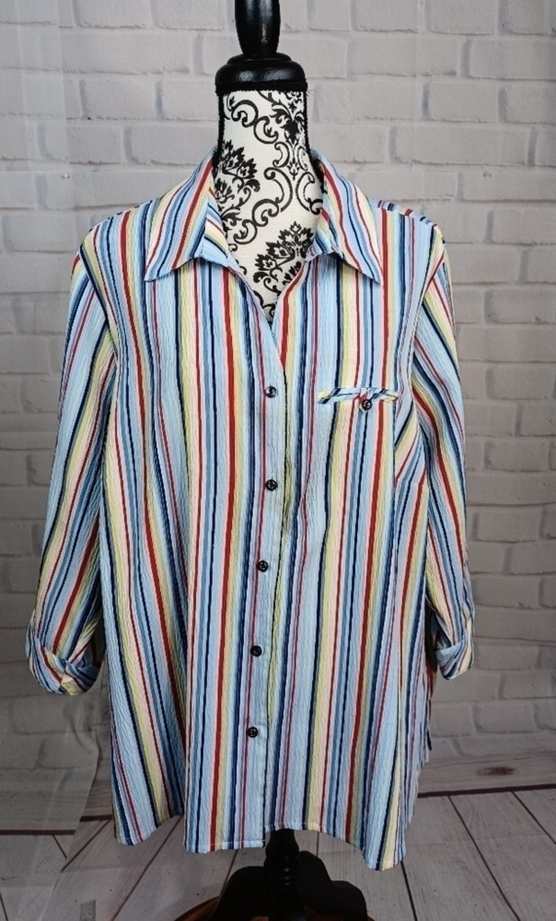 Allison Daley II women's long sleeve striped print button front top 22w b17